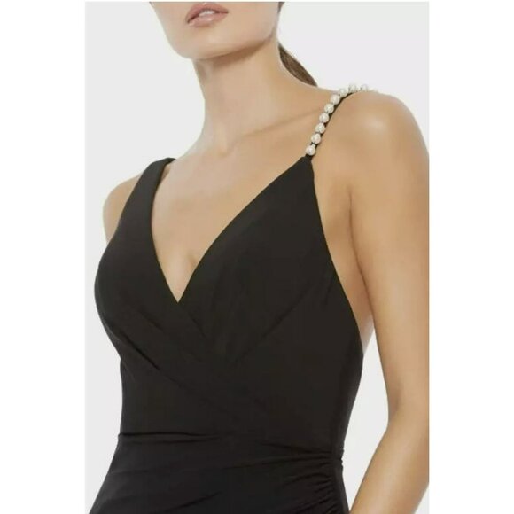 Mac Duggal Pearl Shoulder Strap Black Jersey Maxi Dress Formal Gown Sz 2 NWT - Picture 4 of 13